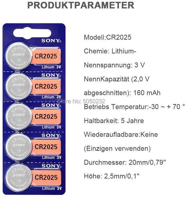 Alt view image 4 of 6 - 5PCS FOR SONY cr2025 Button Cell Batteries cr 2025 DL2025 LM2025 3V Lithium Coin Battery For Watch Weight Scale