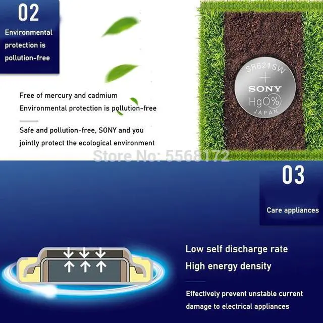 Alt view image 4 of 6 - 25Pcs/Lot SONY LONG LASTING AG1 364 LR621 164 531 SR60 SR621SW 1.55V Watch Battery Button Coin Cell Brand