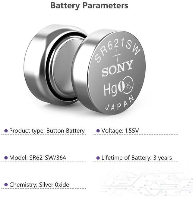Alt view image 3 of 6 - 5pcs For Sony 1.55V 364 SR621SW V364 SR60 SR621 AG1 Watch Battery Silver Oxide Button Coin Cell Batteries MADE IN JAPAN