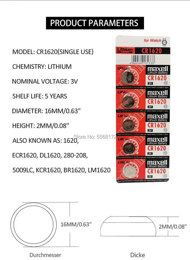 Alt view image 2 of 3 - 10Pcs/Lot cr1620 Button Cell Batteries Product For Maxell 3V Lithium Battery CR 1620 Suitable Supports Watch