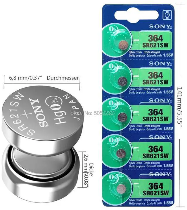Alt view image 2 of 6 - 2pcs  For Sony 1.55V 364 SR621SW V364 SR60 SR621 AG1 Watch Battery Button Coin Cell Batteries MADE IN JAPAN