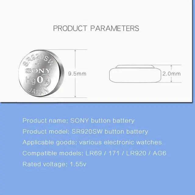 Alt view image 3 of 6 - 10PCS SONY 371 SR920SW 1.55V Silver Oxide Button Cell Battery 171 LR920 LR69 AG6 for Watch Toys Single grain packing