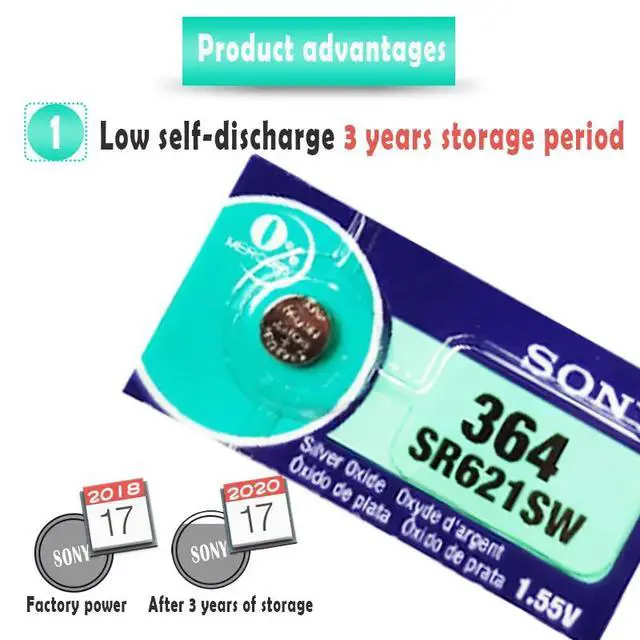 Alt view image 4 of 6 - 10PCS Sony 364 SR621SW V364 SR60 SR621 AG1 LR621 164 531 1.55V Button Batteries For Watch Toy Remote Cell Coin Battery