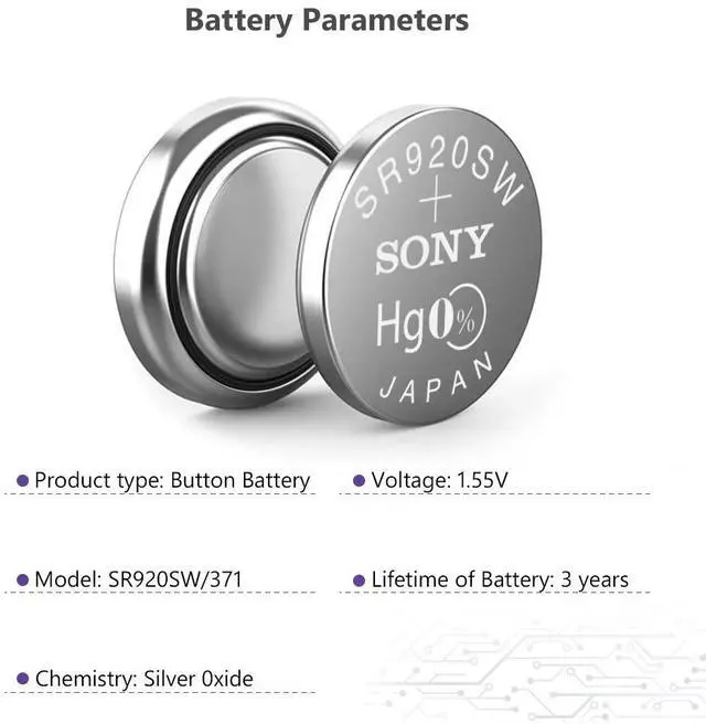 Alt view image 4 of 6 - 2pcs Sony 370 AG6 371 SR920SW 920 1.55V Watch Battery SR920SW 371 Button Coin Cell Batteries MADE IN JAPAN