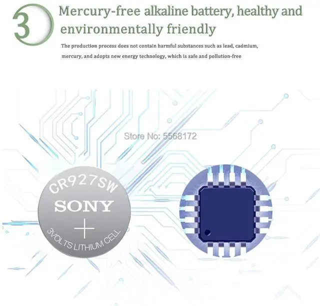 Alt view image 5 of 6 - 10pcs SONY AG7 L927 395 SR57 SR927SW 195 LR927 399 523 610 613 Button Coin Cell Single grain packing 1.55V Long Life