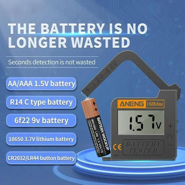 Alt view image 2 of 6 - 168Max Digital Lithium Battery Tester Battery Capacity Diagnostic Tool LCD Display Check AAA AA 6F22 9V CR2032 Button Battery