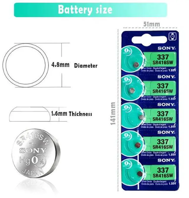 Alt view image 2 of 6 - 10pcs/lot Sony 100 1.55V 337 SR416SW Silver Oxide Watch Battery 337 SR416SW Button Coin Cell MADE IN JAPAN 0%Hg