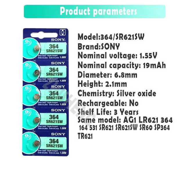 Alt view image 3 of 6 - 10PCS Sony 364 SR621SW V364 SR60 SR621 AG1 LR621 164 531 1.55V Button Batteries For Watch Toy Remote Cell Coin Battery