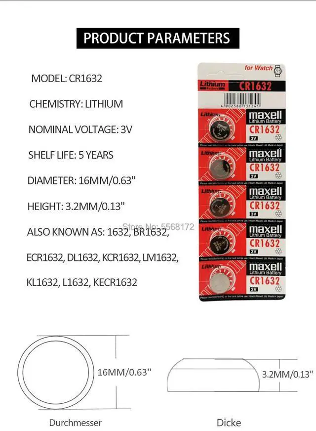 Alt view image 2 of 3 - 3pc cr1632 3v button cell coin lithium batteries for maxell watch car toy BR1632 ECR1632 DL1632 KCR1632 LM1632 KL1632