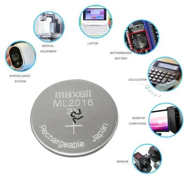 Alt view image 5 of 5 - 2pc Maxell ML2016 ML 2016 3v Li-Ion Lithium Ion Rechargeable Coin Cell Button CMOS RTC Battery Batteries