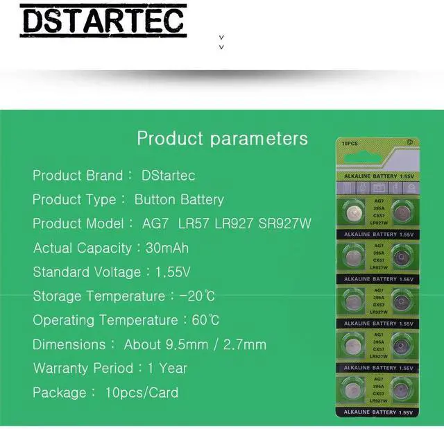 Alt view image 3 of 6 - 10pcs/card 30mAh 1.55V AG7 LR927 LR57 SR927W 399 GR927 395A AG 7 Battery Button Batteries For Watch Toys Remote Cell Coin Batte
