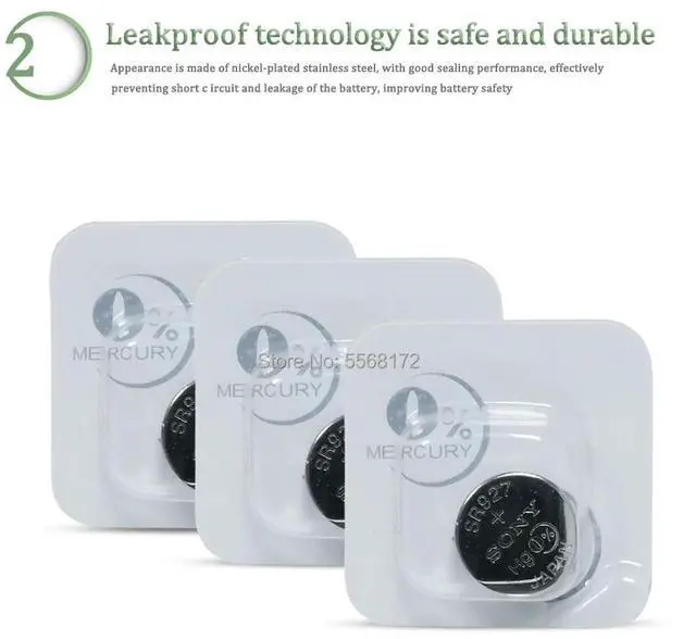 Alt view image 2 of 6 - 10pcs SONY AG7 L927 395 SR57 SR927SW 195 LR927 399 523 610 613 Button Coin Cell Single grain packing 1.55V Long Life