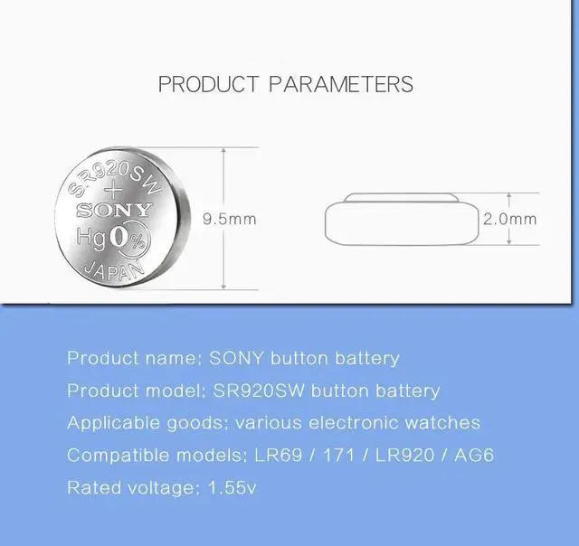 Alt view image 3 of 6 - 20PCS SONY 371 SR920SW 1.55V Silver Oxide Button Cell Battery 171 LR920 LR69 AG6 for Watch Toys Single grain packing