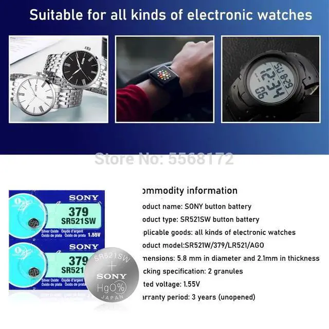 Alt view image 2 of 5 - 10pcs Sony 379 SR521SW D379 SR63 V379 AG0 Watch Battery Button Coin Cell MADE IN JAPAN Brand