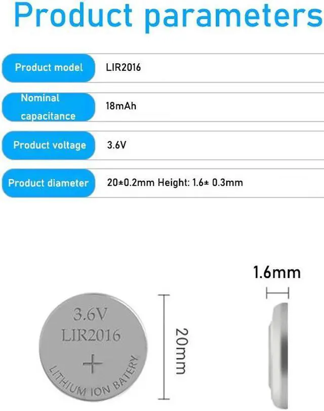 Alt view image 5 of 6 - ! 20pcs/lot LIR2016 3.6V Li-on Rechargeable Button Coin Cell Battery Can Replace CR2016 for watches