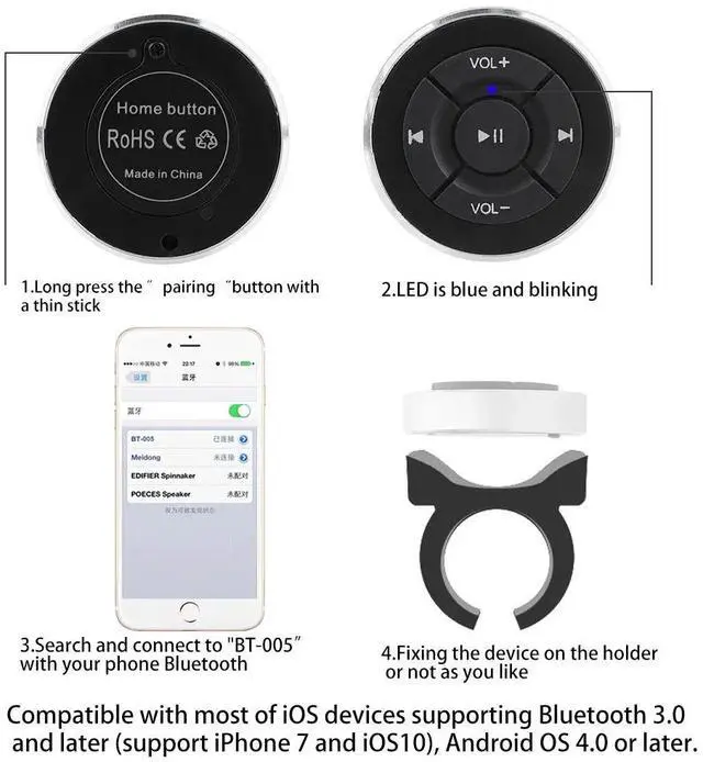 Alt view image 6 of 6 - LEEPEE Car Steering Wheel Wireless Remote Controls For IOS Android Phone Tablet Motorcycle Bike Bluetooth Media Volume Button