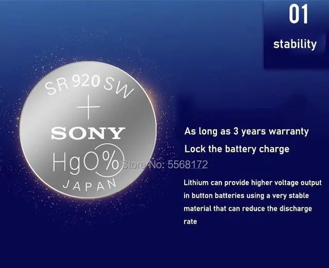 Alt view image 5 of 6 - 5pcs Sony 45mAh 1.55V AG6 371 SR920SW LR920 171 370 L921 LR69 SR920 Button Batteries For Watch Toy Remote Cell Coin Battery