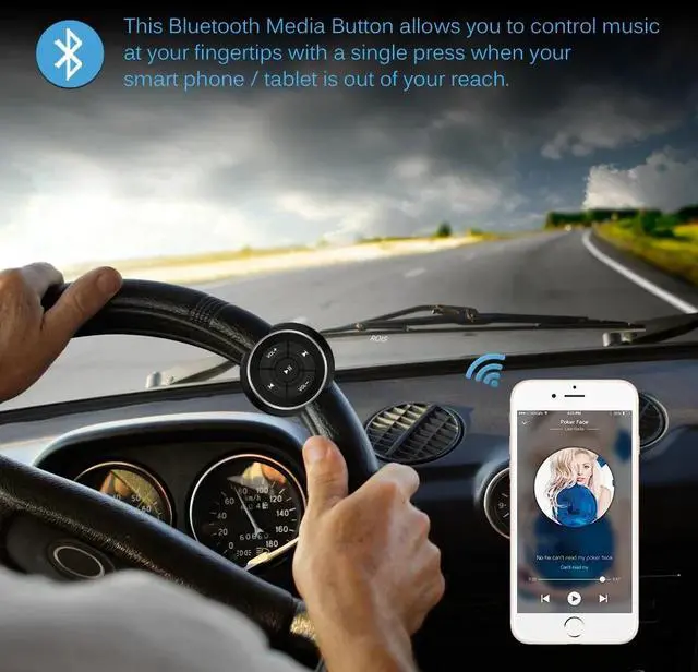 Alt view image 4 of 6 - Wireless Bluetooth Media Button Remote Controller Car Motorcycle Bike Steering Wheel MP3 Music Play For IOS Android Phone Tablet