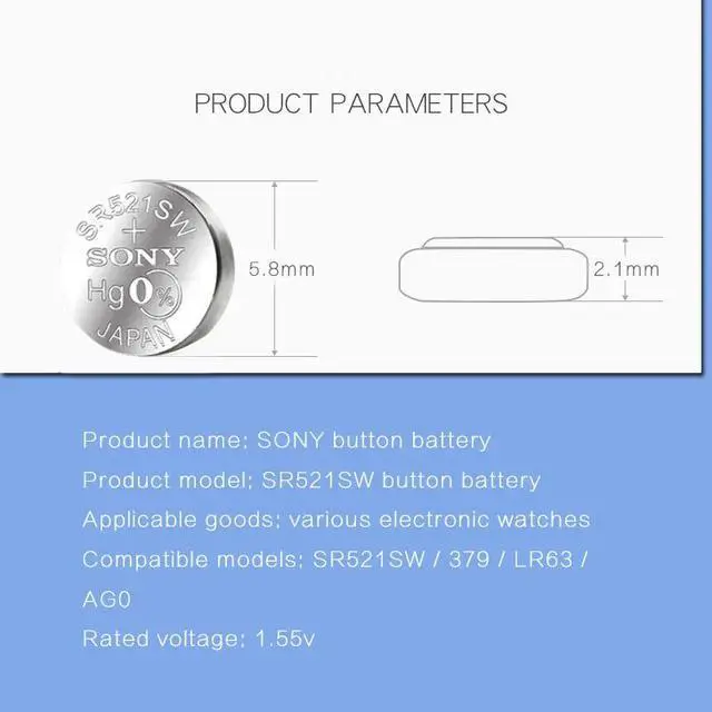 Alt view image 3 of 6 - 50PCS/lot SONY 379 SR521SW 1.55V Silver Oxide Button Cell Battery CX63 521 LR63 AG0 for Watch Toys Single grain packing