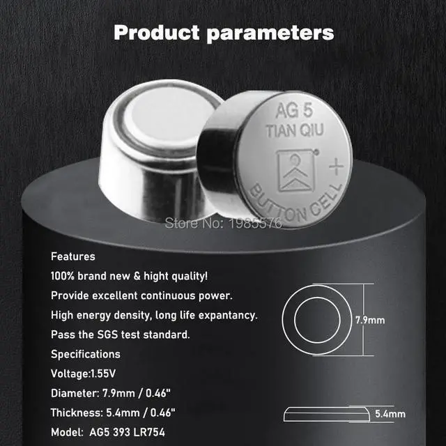 Alt view image 2 of 6 - 50pcs AG5 Alkaline Bateria Coin Cells D309 D393 G5 LR48 LR754 RW28 G5A L754 SR48 SR754 SR754W 15 48 193 309 393 546 393A Button