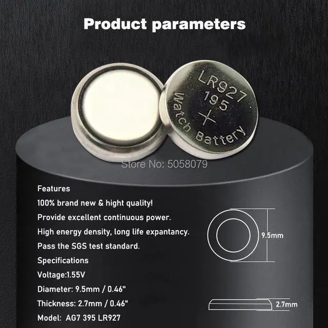 Alt view image 2 of 6 - 100x 1.55V Volt LR927 LR927W S28 SP395 SR57 SR57L SR927 SR927SW SR927W TR927W V395 Coin Button Cell AG7 Alkaline Batteries
