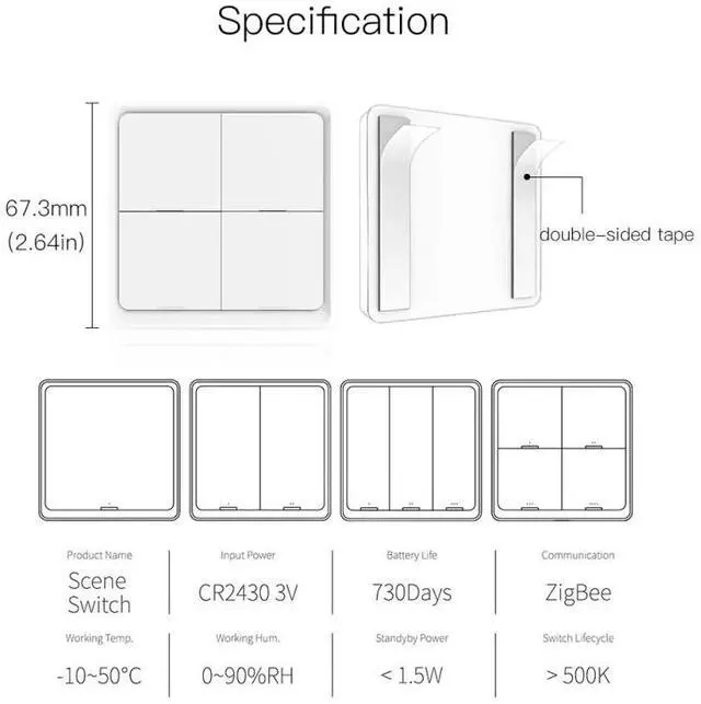 Alt view image 2 of 6 - Tuya ZigBee 4 Gang Wireless 12 Scene Switch Push Button Controller Battery Powered Automation Switch Smart Home Switch