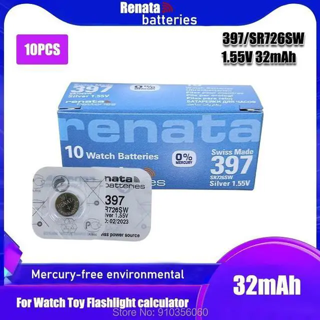Main image of 10PCS Renata 397 Brand  LONG LASTING SR726SW 1.55V Swiss Made Button Coin Cell Silver Oxide Watch Battery