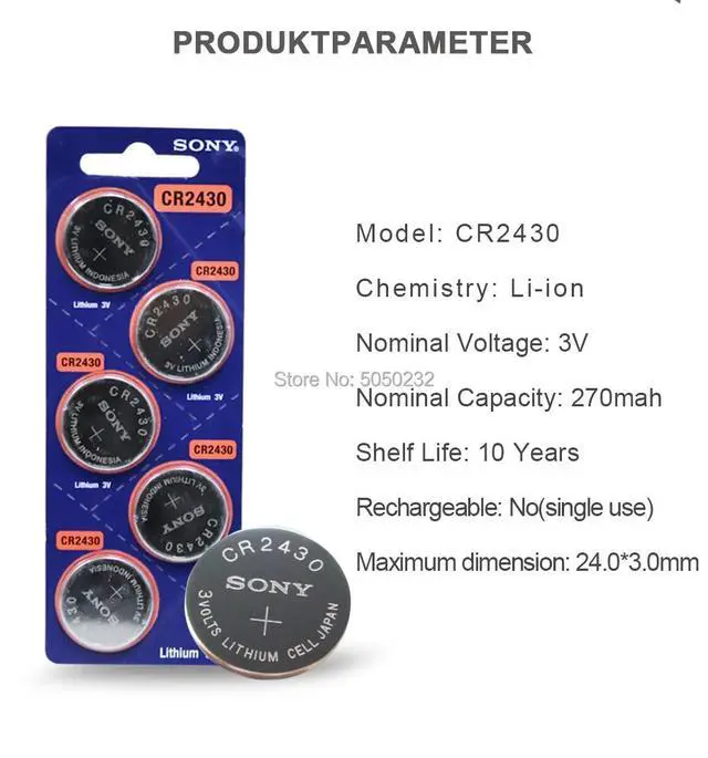 Alt view image 4 of 6 - 5pcs Sony Wholesale CR2430 DL2430 2430 3V Button Battery For Watch Toy Headphone