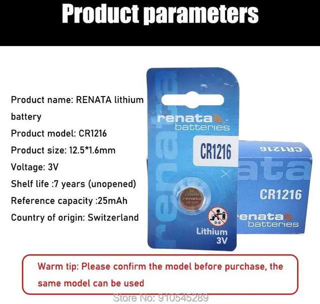 Alt view image 4 of 6 - 2PCS RENATA  CR1216 CR 1216 1216 Watch Clock Lithium Battery Pilas DL1216 BR1216 ECR1216 5034LC LM1216 Button Coins Cells