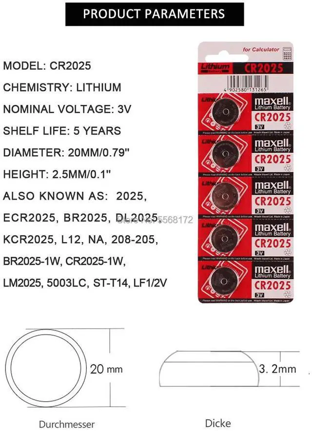 Alt view image 2 of 3 - 20Pcs 3V CR2025 ECR2025 LM2025 DL2025 BR2025 For maxell Button Coin Cell Lithium Battery for Watch Remote Control Computers