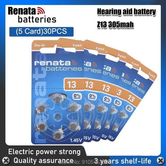 Main image of 30pcs/5pack RENATA A13 13A ZA13 13 1.45V Advanced Button Cell Battery Hearing Aid Batteries