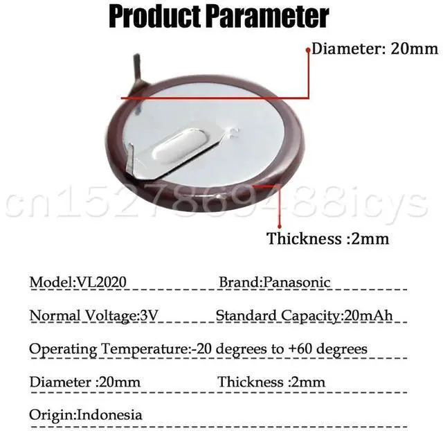 Alt view image 5 of 6 - 2PCS  VL2020 2020 3V Rechargeable Lithium Battery With Legs 90 degrees For Car Key Remote Timer Button cell