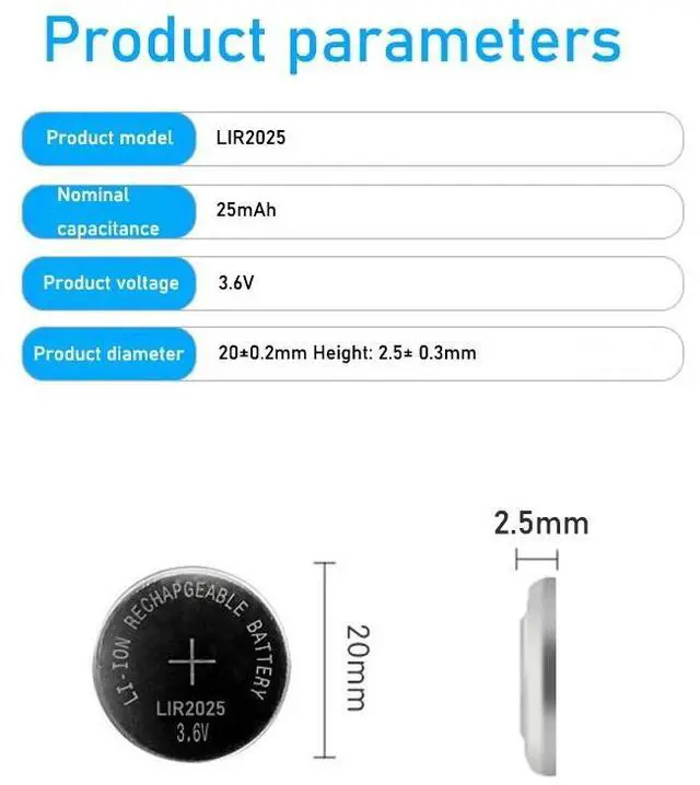 Alt view image 5 of 6 - 5PCS Rechargeable Battery LIR2025 3.6V Lithium Button Built-in Coin Cell Batteries Watch Cells LIR 2025 Replaces CR2025