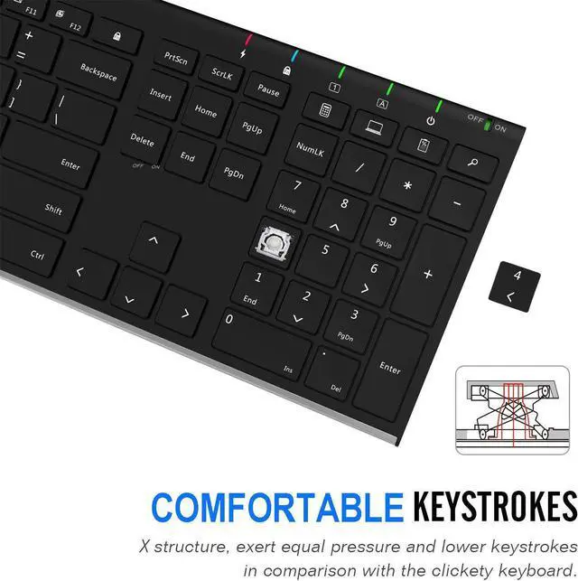 Alt view image 4 of 7 - Arteck 2.4G Wireless Keyboard Stainless Steel Ultra Slim Full Size Keyboard with Numeric Keypad for Computer/Desktop/PC/Laptop/Surface/Smart TV and Windows 10/8/ 7 Built in Rechargeable Battery
