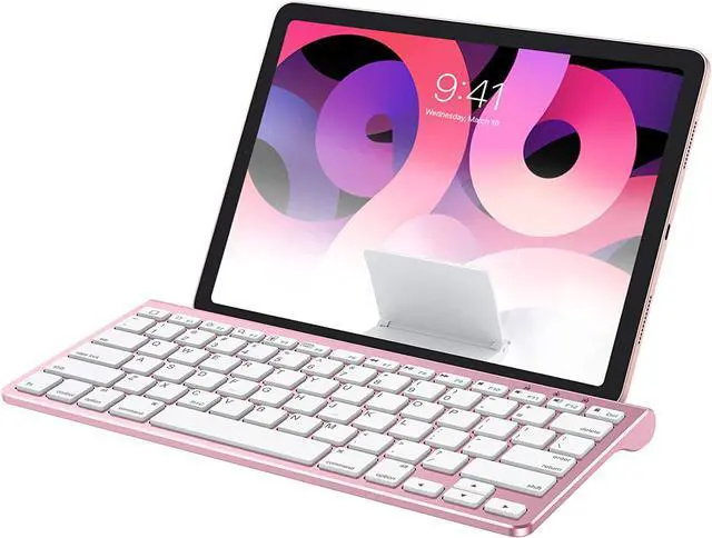 Main image of OMOTON Ultra-Slim Bluetooth Keyboard with Sliding Stand for New iPad 9 2021/8 2020 10.2/ Air 4, iPad Pro, iPad Mini 6/5/4/3/2/1, iPad 4/3/2, Phone 8/8 Plus, Phone X, Rose Gold