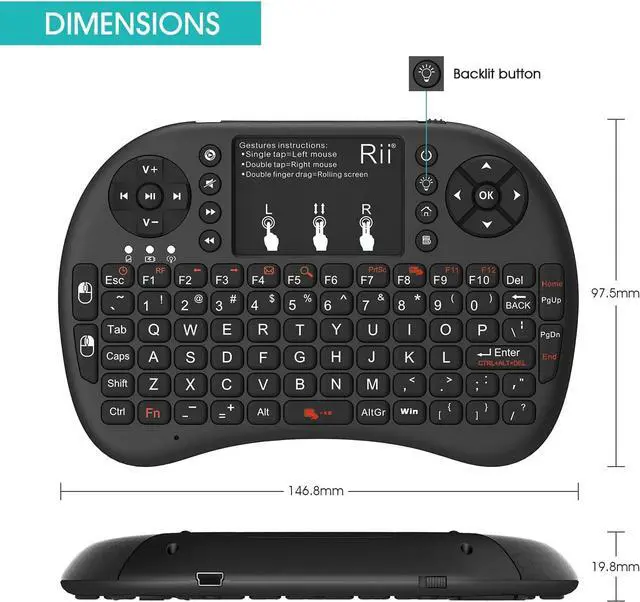 Alt view image 2 of 6 - Rii 2.4GHz Mini Wireless Keyboard with TouchpadQWERTY Keyboard, Backlit Portable with Remote Control for Laptop/PC/Tablets/Windows/Mac/TV/Xbox/PS3/Raspberry Pi .(Black)