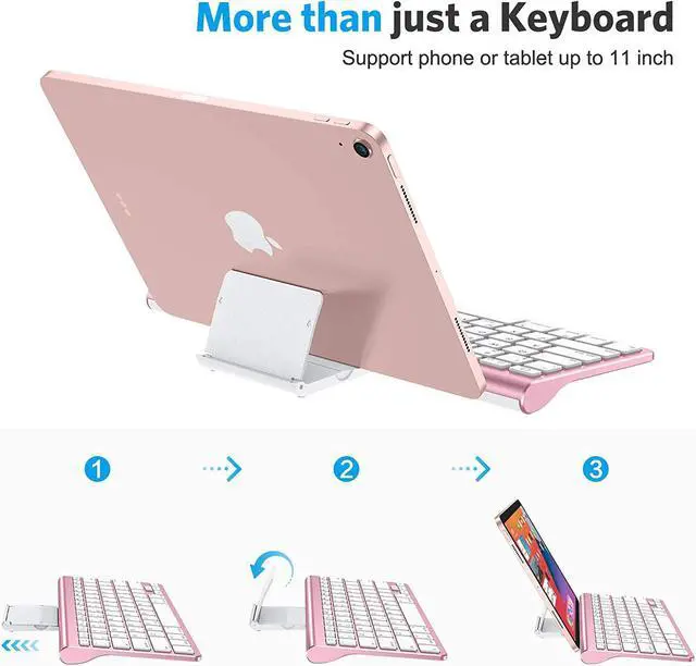 Alt view image 2 of 7 - OMOTON Ultra-Slim Bluetooth Keyboard with Sliding Stand for New iPad 9 2021/8 2020 10.2/ Air 4, iPad Pro, iPad Mini 6/5/4/3/2/1, iPad 4/3/2, Phone 8/8 Plus, Phone X, Rose Gold