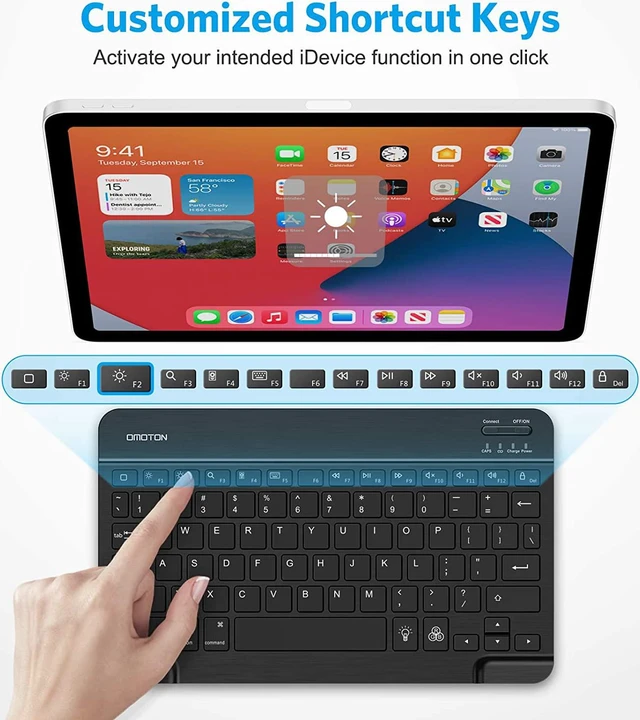 Alt view image 3 of 7 - OMOTON 7-Color Backlit Keyboard, Rechargeable Ultra-Slim for iPad, Black | Multi-Color Backlight·Rechargeable 400mAh·Scissor-Switch Keys·Ultra-Thin O.5cm· Auto-Off Save·Quiet Typing·Fits iPad,iPhone
