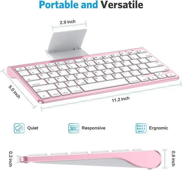 Alt view image 7 of 7 - OMOTON Ultra-Slim Bluetooth Keyboard with Sliding Stand for New iPad 9 2021/8 2020 10.2/ Air 4, iPad Pro, iPad Mini 6/5/4/3/2/1, iPad 4/3/2, Phone 8/8 Plus, Phone X, Rose Gold