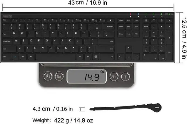 Alt view image 6 of 7 - Arteck 2.4G Wireless Keyboard Stainless Steel Ultra Slim Full Size Keyboard with Numeric Keypad for Computer/Desktop/PC/Laptop/Surface/Smart TV and Windows 10/8/ 7 Built in Rechargeable Battery