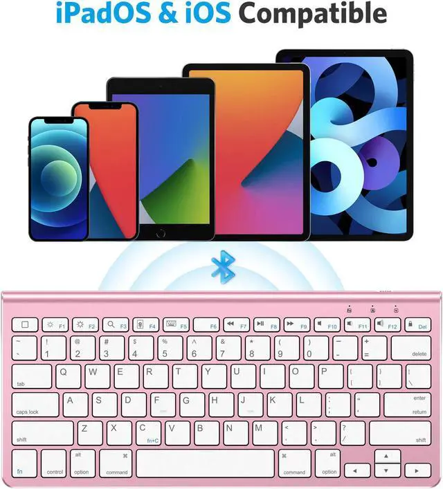 Alt view image 5 of 7 - OMOTON Ultra-Slim Bluetooth Keyboard with Sliding Stand for New iPad 9 2021/8 2020 10.2/ Air 4, iPad Pro, iPad Mini 6/5/4/3/2/1, iPad 4/3/2, Phone 8/8 Plus, Phone X, Rose Gold