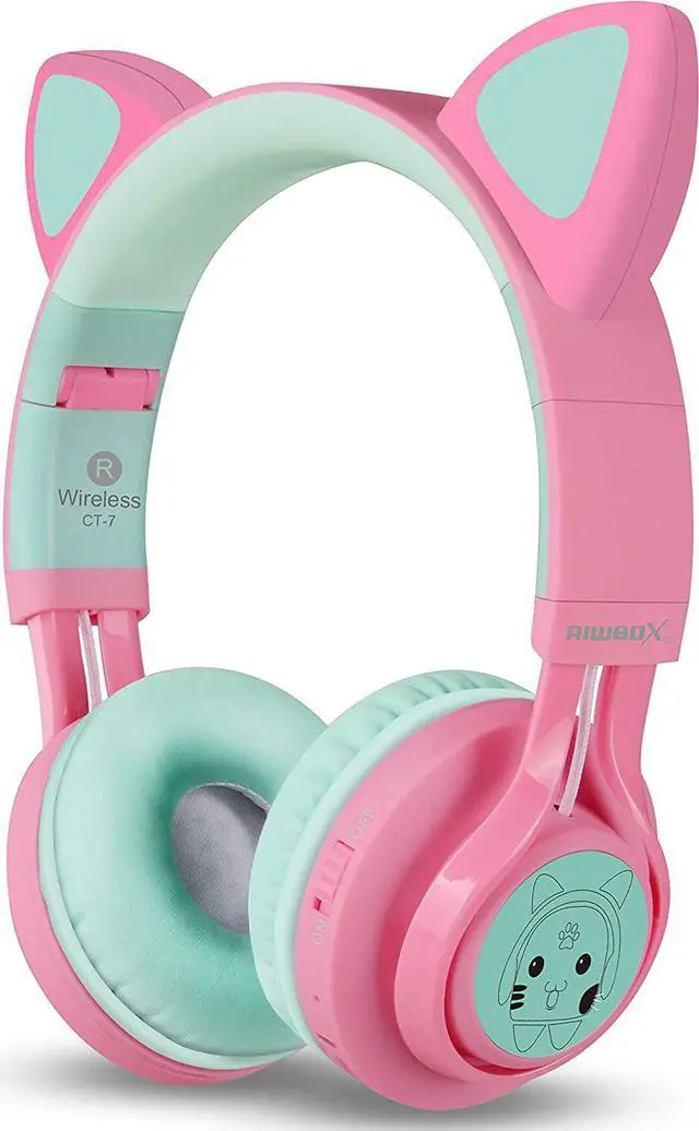 Alt view image 3 of 7 - Riwbox CT-7 Cat Ear Bluetooth Headphones, LED Light Up Bluetooth Wireless Over Ear Headphones with Microphone and Volume Control for Travel/School/Smartphones/Laptop/PC/TV (Pink&Green)