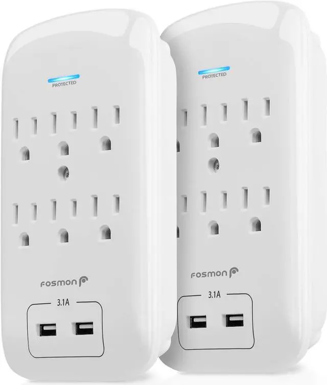 Main image of Fosmon 6 Outlet Surge Protector 1200 Joules with 2 USB Ports Charger (3.1A), Multi Plug Outlet Extender 1875 Watt, 3-Prong Grounded Wall Tap Adapter (2 Pack)