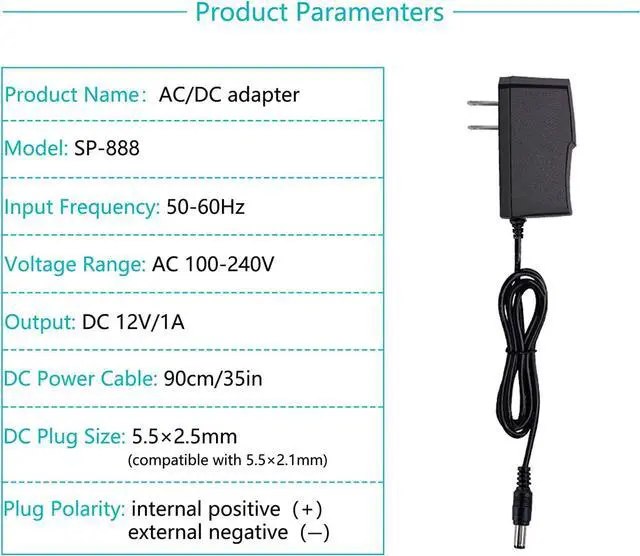 Alt view image 3 of 6 - 12V 1A Power Adapter AC 100-240V to DC 12V 1A AC Adapter Power Supply 12W 12V 1A Adapter DC Connector Jack 5.5mmx2.1mm for LED Strip Lights, Audio/Video, Wireless Router