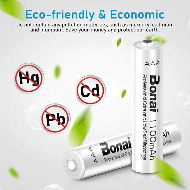 Alt view image 5 of 7 - BONAI Rechargeable AAA Batteries  1100 MAh  NiMH High-Capacity  Recharge up to 1200x  16-Pack Pre-Charged