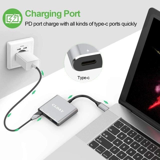 Alt view image 5 of 7 - USB-C to HDMI Adapter, CLDAY 4K Type-C (Thunderbolt 3) Multiport Hub, 3-in-1 with HDMI Port USB 3.0 Port and USB-C Fast Charging Port, Compatible with MacBook/Google Pixelbook/Galaxy S10/S20/S30/HP/LG