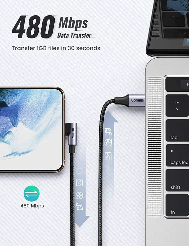 Alt view image 5 of 7 - UGREEN USB C to USB C Cable Right Angle 2 Pack, Type C 60W PD Fast Charging Cord Compatible with MacBook Air/Pro, iPad Mini 6/Air 4/Pro, Samsung Galaxy S21/S20/Note 20/Z Fold, Google Pixel, Switch 3FT