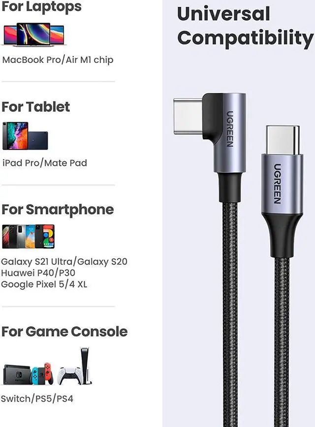Alt view image 6 of 7 - UGREEN USB C to USB C Cable Right Angle 2 Pack, Type C 60W PD Fast Charging Cord Compatible with MacBook Air/Pro, iPad Mini 6/Air 4/Pro, Samsung Galaxy S21/S20/Note 20/Z Fold, Google Pixel, Switch 3FT