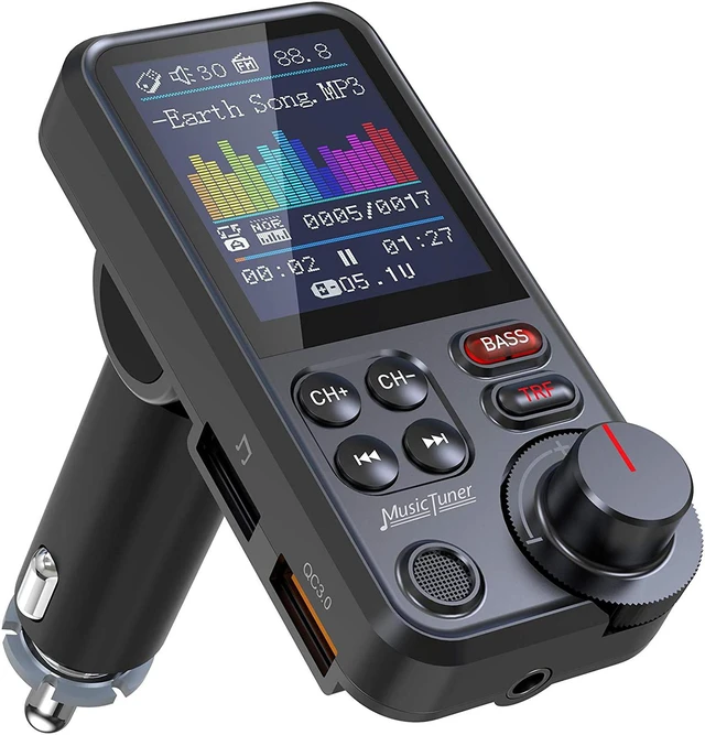 Main image of Nulaxy Car Bluetooth Transmitter, Strong Microphone Bluetooth Car Radio Adapter with 1.8" Color Screen for Hands Free Calls, Supports QC3.0 Charging, Treble and Bass Sound Music Player- KM30