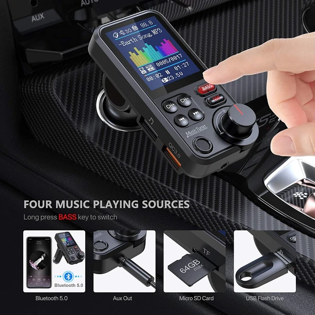 Alt view image 5 of 7 - Nulaxy Car Bluetooth Transmitter, Strong Microphone Bluetooth Car Radio Adapter with 1.8" Color Screen for Hands Free Calls, Supports QC3.0 Charging, Treble and Bass Sound Music Player- KM30